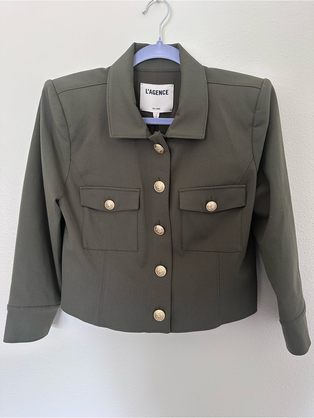 L'AGENCE Olive Military-Inspired Cropped Blazer with Gold Buttons - Picture 2 of 9